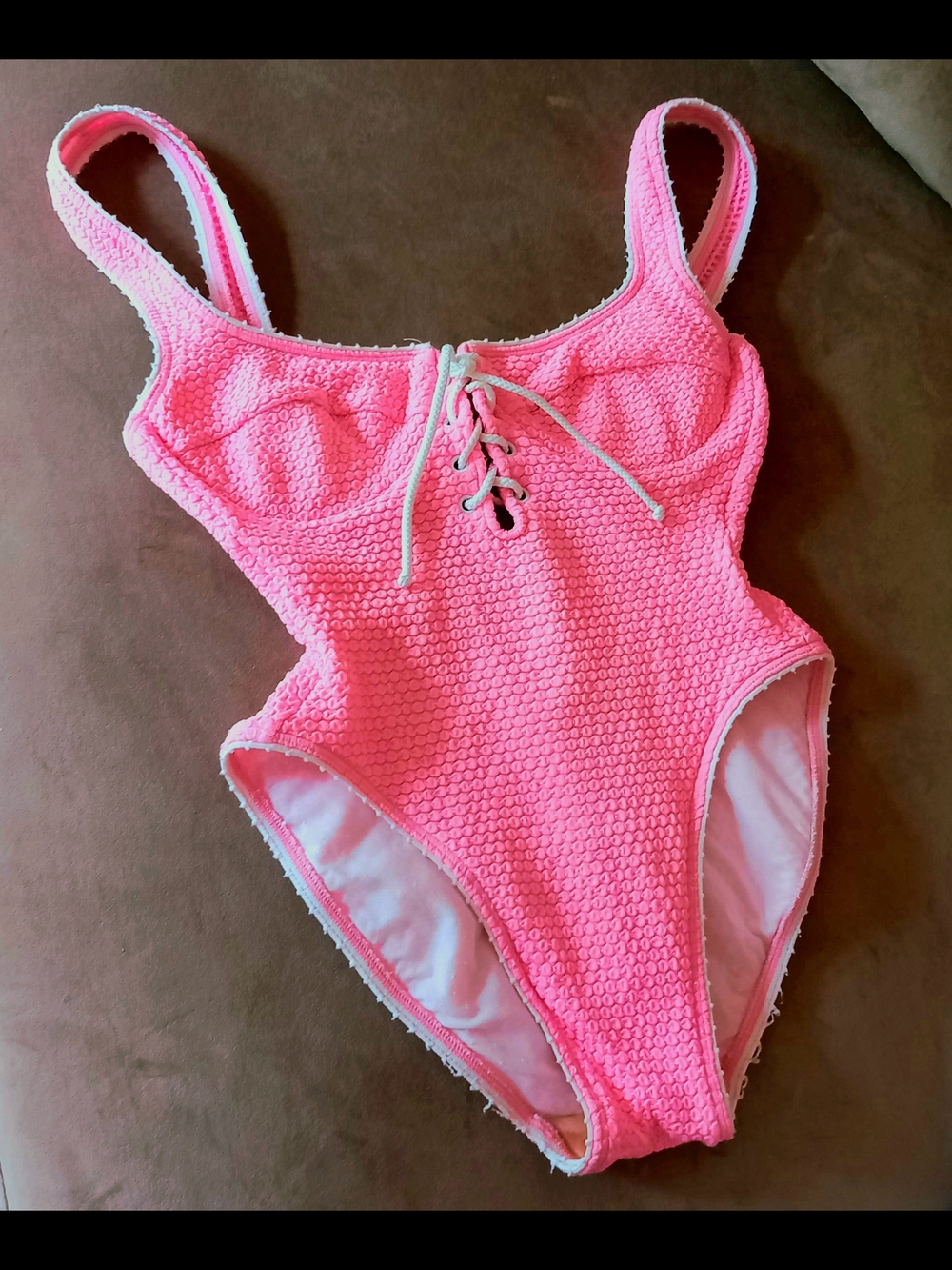 Women’s Pink Textured Lace-Up One-Piece Swimsuit